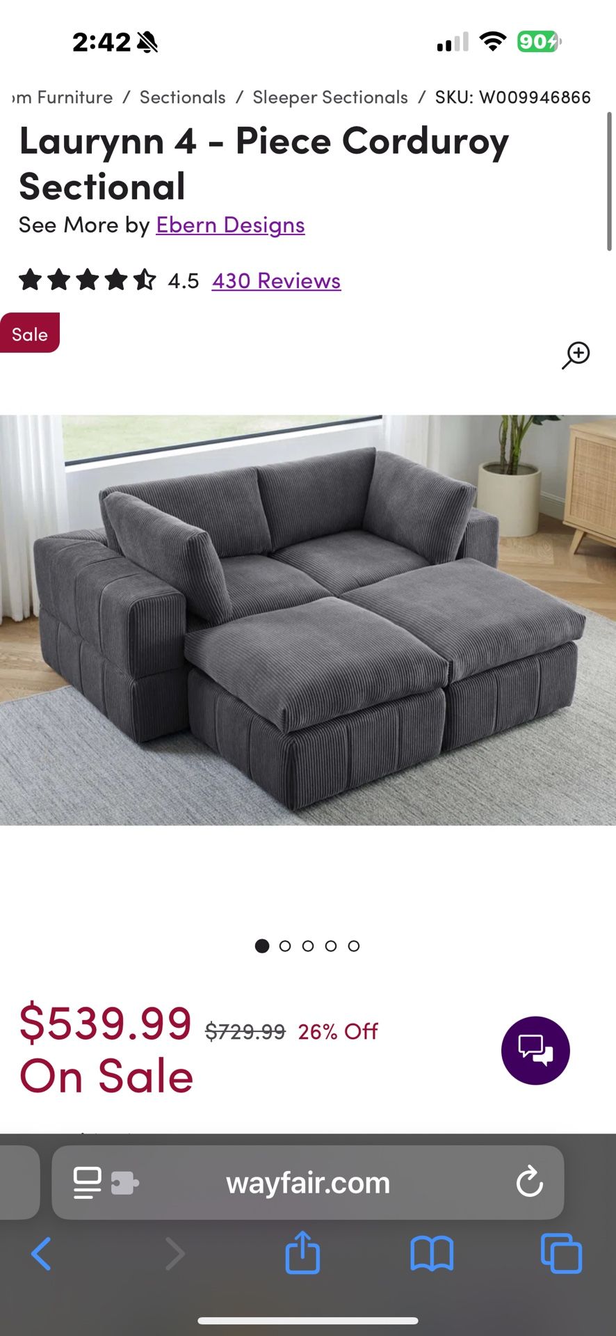 Grey Corduroy Sectional
