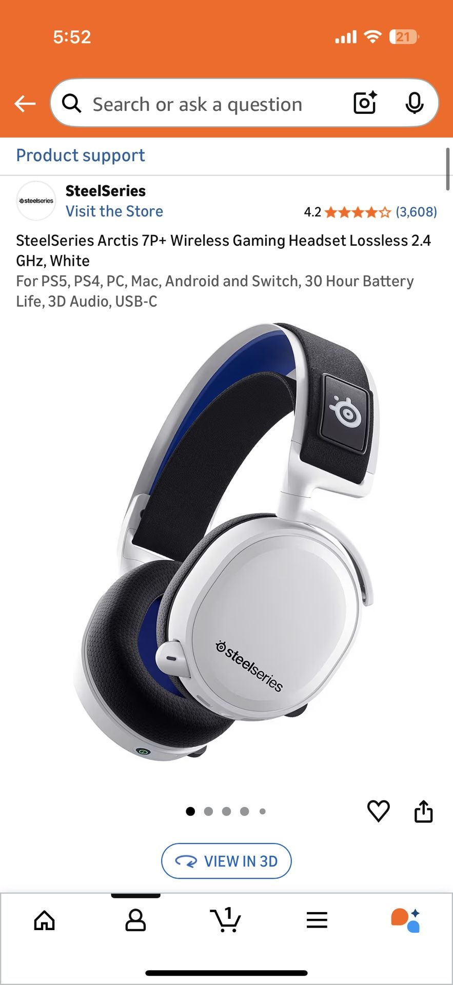 SteelSeries Arctis 7P+ Wireless Gaming Headset Lossless 2.4 GHz, White For PS5, PS4, PC, Mac, Android and Switch, 30 Hour Battery Life, 3D Audio, USB-