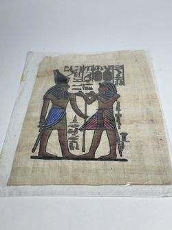 Hand painted Egyptian papyrus artwork with deities Horus & Nefertari 6" x 8.5"