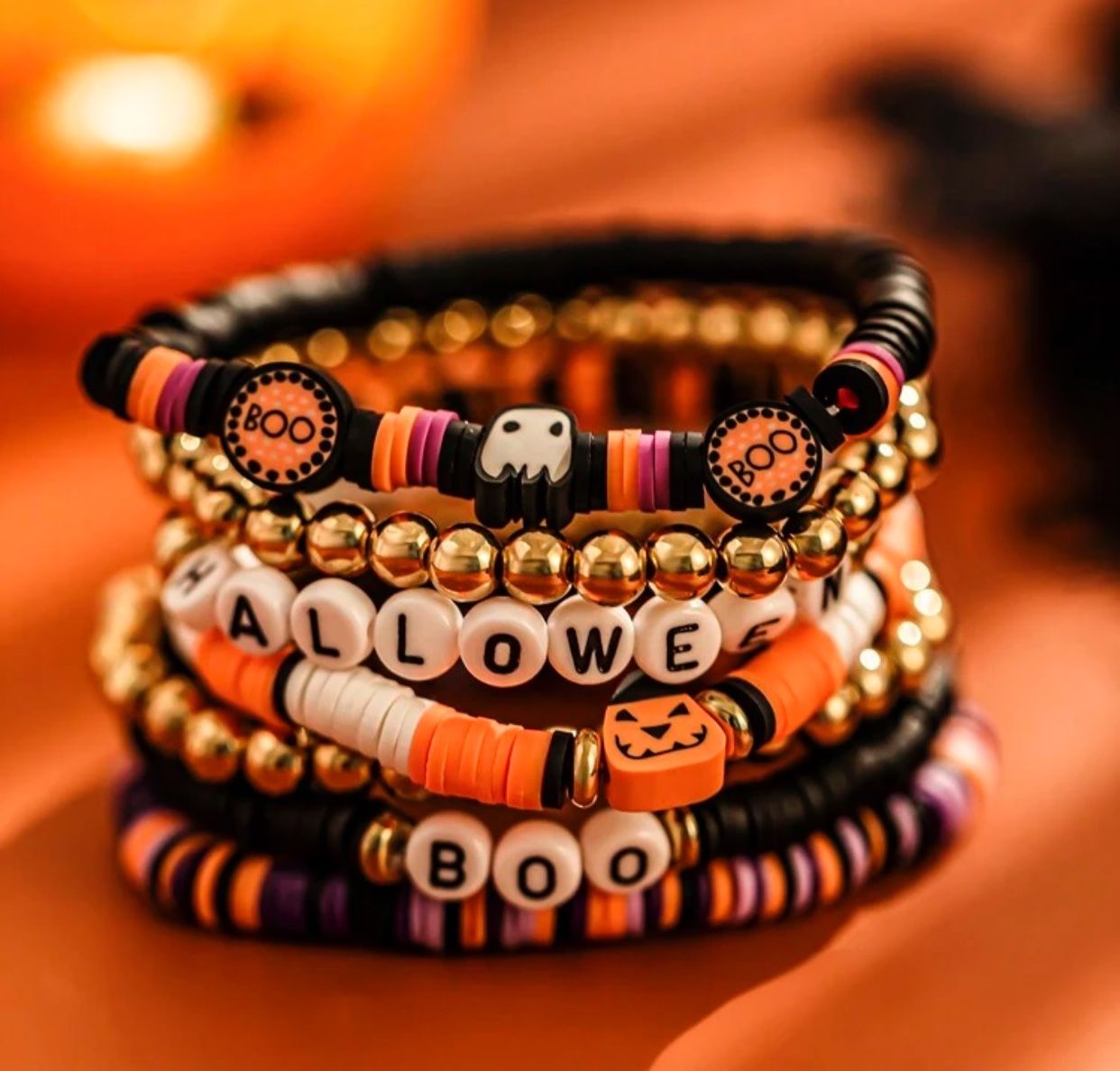 7 pcs set halloween themed polymer clay beaded stackable elastic bracelet set
