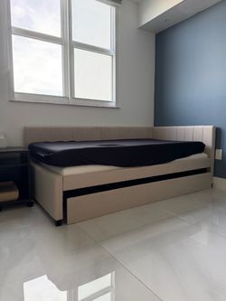 Beige Upholstered Daybed with Trundle + Two Twin Mattresses