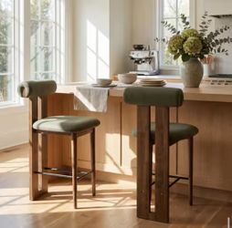 New Counter Barstools, Set of 2 Fynor Modern 25.5 in. H Dark Walnut Finish Wood Frame Green Velvet U