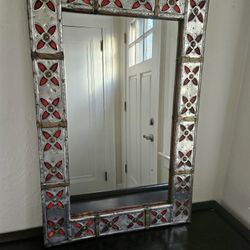 Syrian Pewter Brass With Enamel Red Flowers Over A Solid Wood Frame Mirror