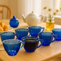 Hazel Atlas 1930s Newport Hairpin Cobalt Blue Cups Set Of 7, 3.5x3”