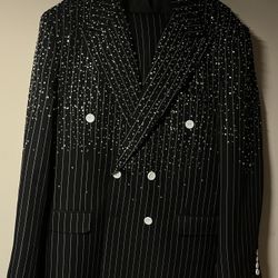 Handmade Black Pinstripe Rhinestone Suit – Custom Prom Piece (44R)