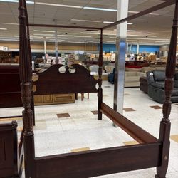 Dark Wood Queen Size Carved 4 Post Canopy Bed Frame