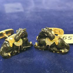 14k Gold Onyx & Diamond Horse Cufflinks Gorgeous 