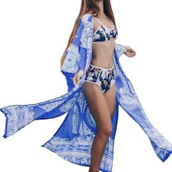 Women's Beach Cover Ups Cardigan Open Front Half Sleeve Long Bikini Kimono Quick-Drying Floral Printed Blue 
