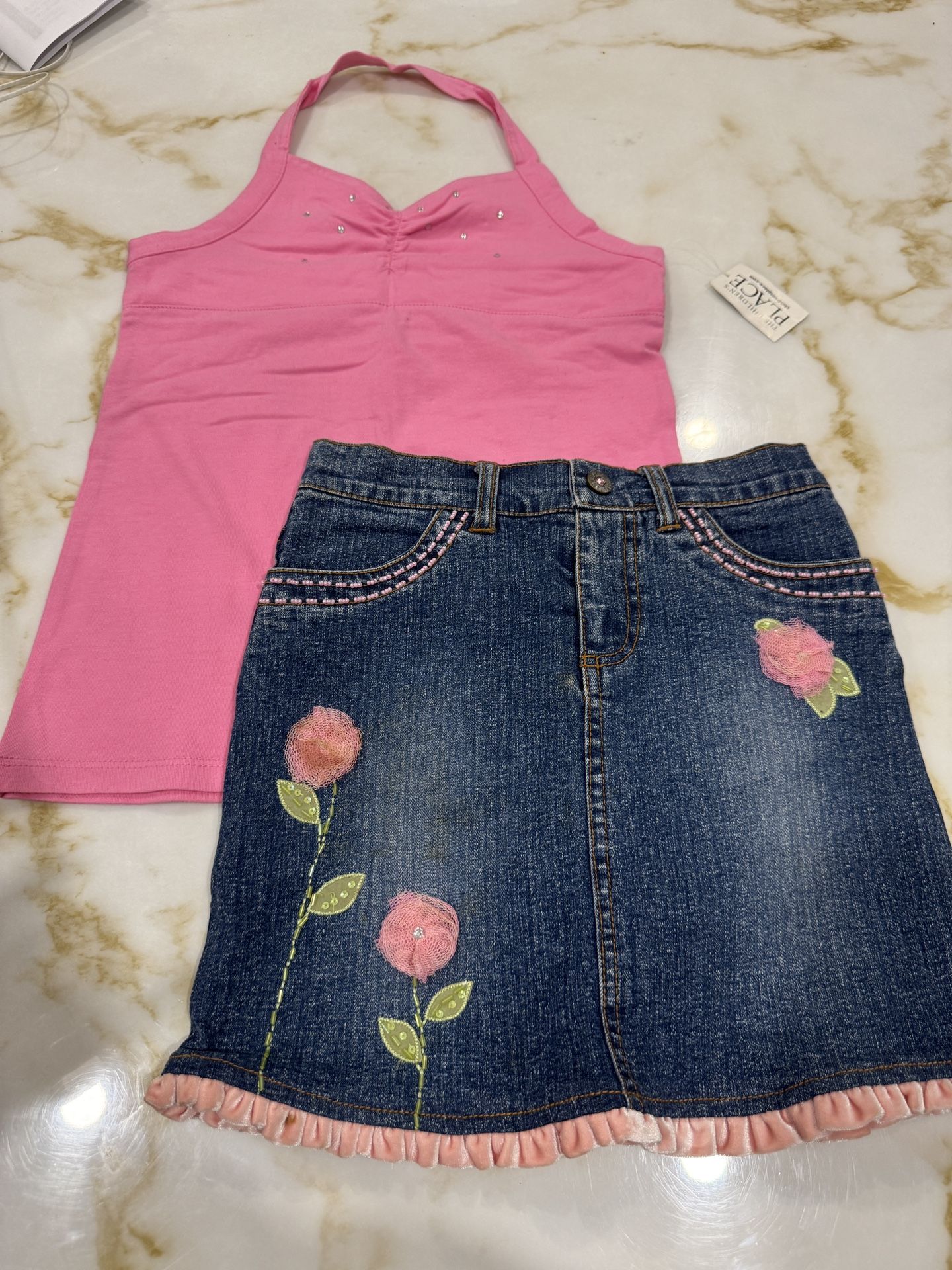 Children's Place Pink Halter Top & Denim Floral Skirt Set - Size L (10/12) / Skirt 5