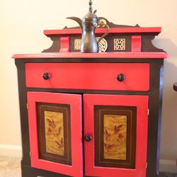 Refurbished Shogun Asian Inspired Antique Red And Black Cabinet Tea Sake Bar Cart On Wheels