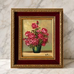 Vintage Original Rose Oil Painting Ornate Gold Red Velvet Frame Signed by Artist Wall Hanging Art 