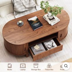 Oval Coffee Table, Living Room Table, 47 Inch Center Table with Storage, Sliding Door and Curved Edge