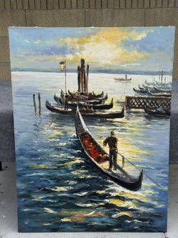 Gondolas at Sunset in Venice - oil painting on original canvas signed by E. Barnelli