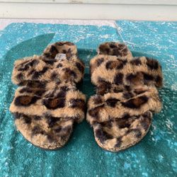 Nicole Miller Women’s Bamby Faux Fur Leopard Slide Sandals Shoes Size 7