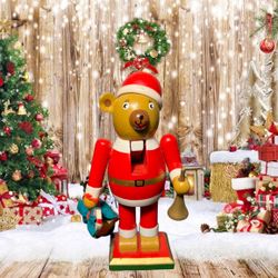 Vintage 1990s Wooden Bear Nutcracker Santa Ornament, 5”