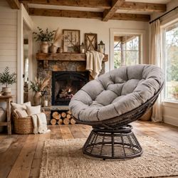 Swivel Papasan Chair — Dark Brown Wicker, Light Grey Cushion, Upgraded Version, Brand New