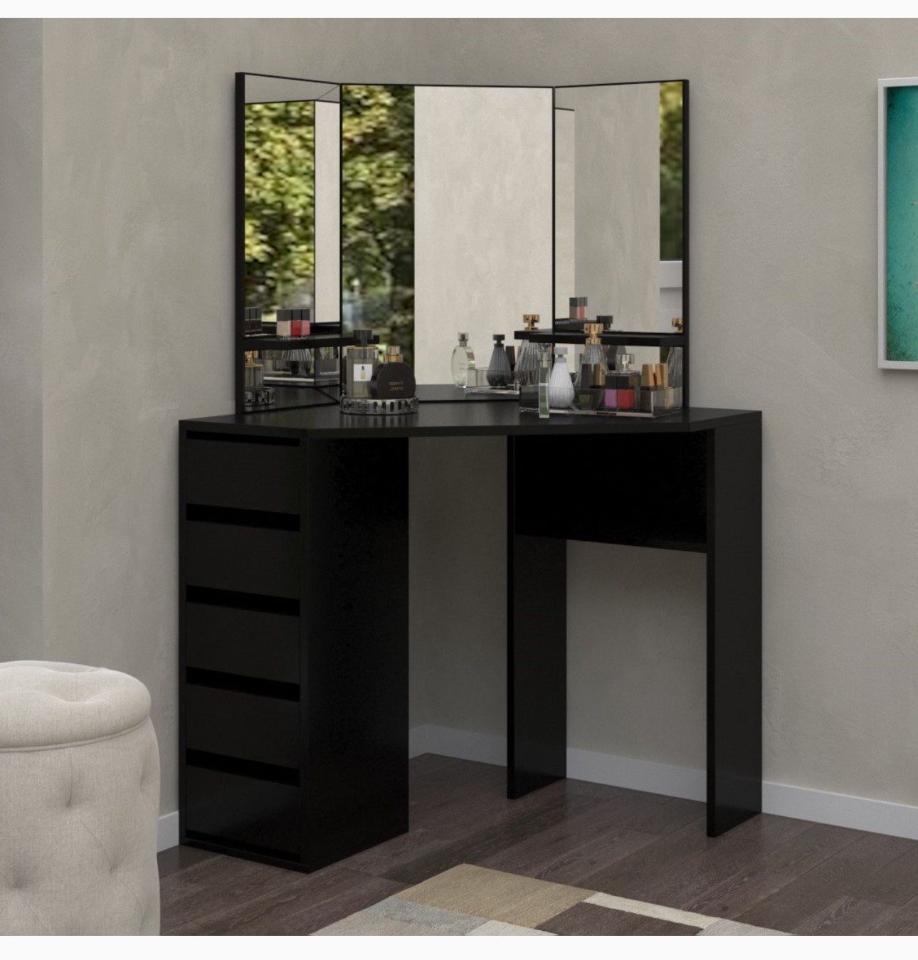 Black Makeup Corner Desk With LED Lights 