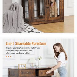 Dog Crate Furniture with Cushion,Wooden Dog Crate Table with 2 Drawers,3-Doors Dog Furniture,Indoor