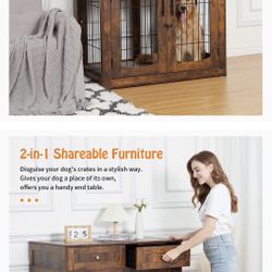 Dog Crate Furniture with Cushion,Wooden Dog Crate Table with 2 Drawers,3-Doors Dog Furniture,Indoor