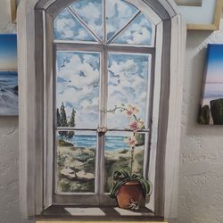 Hand-painted, faux window mural art piece