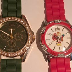 Geneva Platinum Crystal Accent Gold Tone Silicone Watch  & Santa Clause Rhinestone Bezel Geneva Water Resistant  Watch Bundle $8   Santa Watch Red.