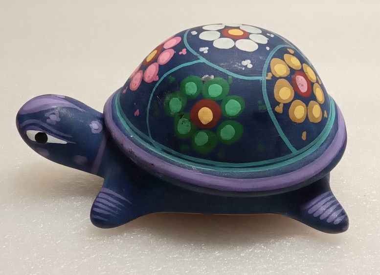 Talavera Mexico Redware Pottery Lidded Turtle Trinket Box Handpainted