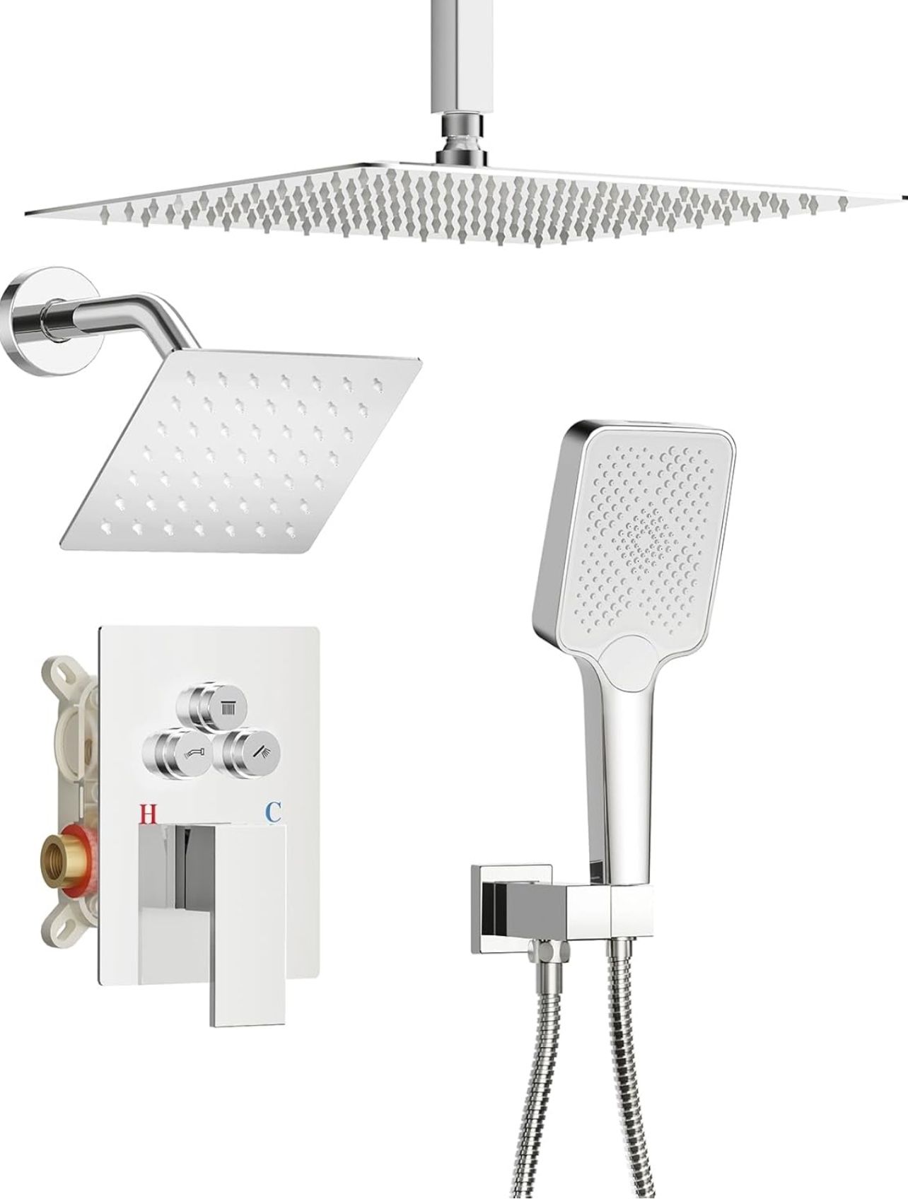 Brand New In The Box- Shower Faucet Set, 12" Ceiling Mount Rainfall Shower System with 2 Rain Shower Head and Multi-function Handheld Head Push Button