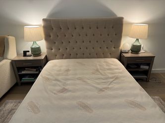 Upholstered Beige Bed Frame  + 2 matching side tables