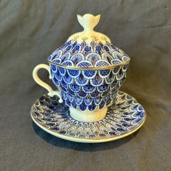 Lomonosov Cobalt Net Cup with Lid & Saucer 22K Gold Made In Russia