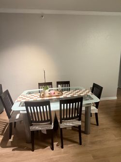 Glass Dining Table + 6 IKEA Chairs