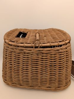 Vintage Wicker Fishing Creel Basket with Leather Shoulder Strap & Hinged Lid