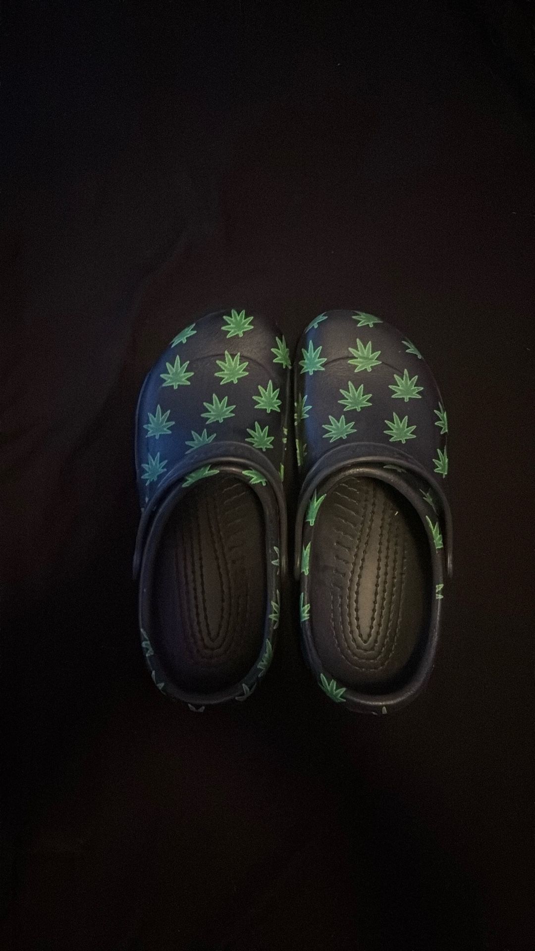 Black and Green Weed Crocs, Size 10 US Men