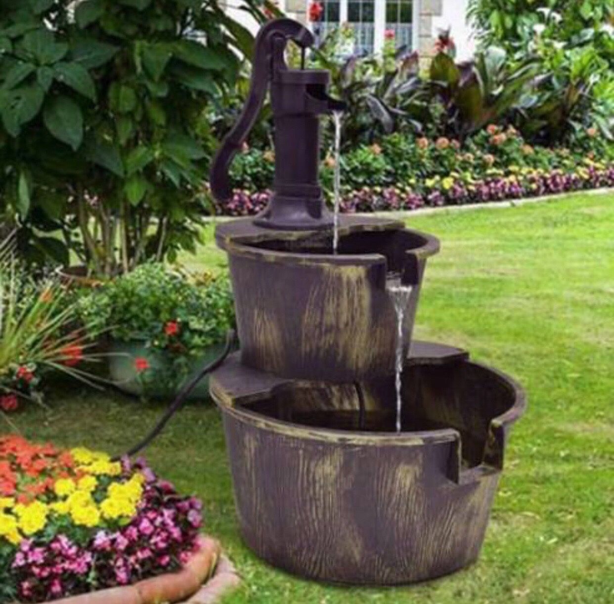 Waterfall Fountain Barrel 2 Tier With Pump Backyard Garden Bronze Color Water Recirculation System