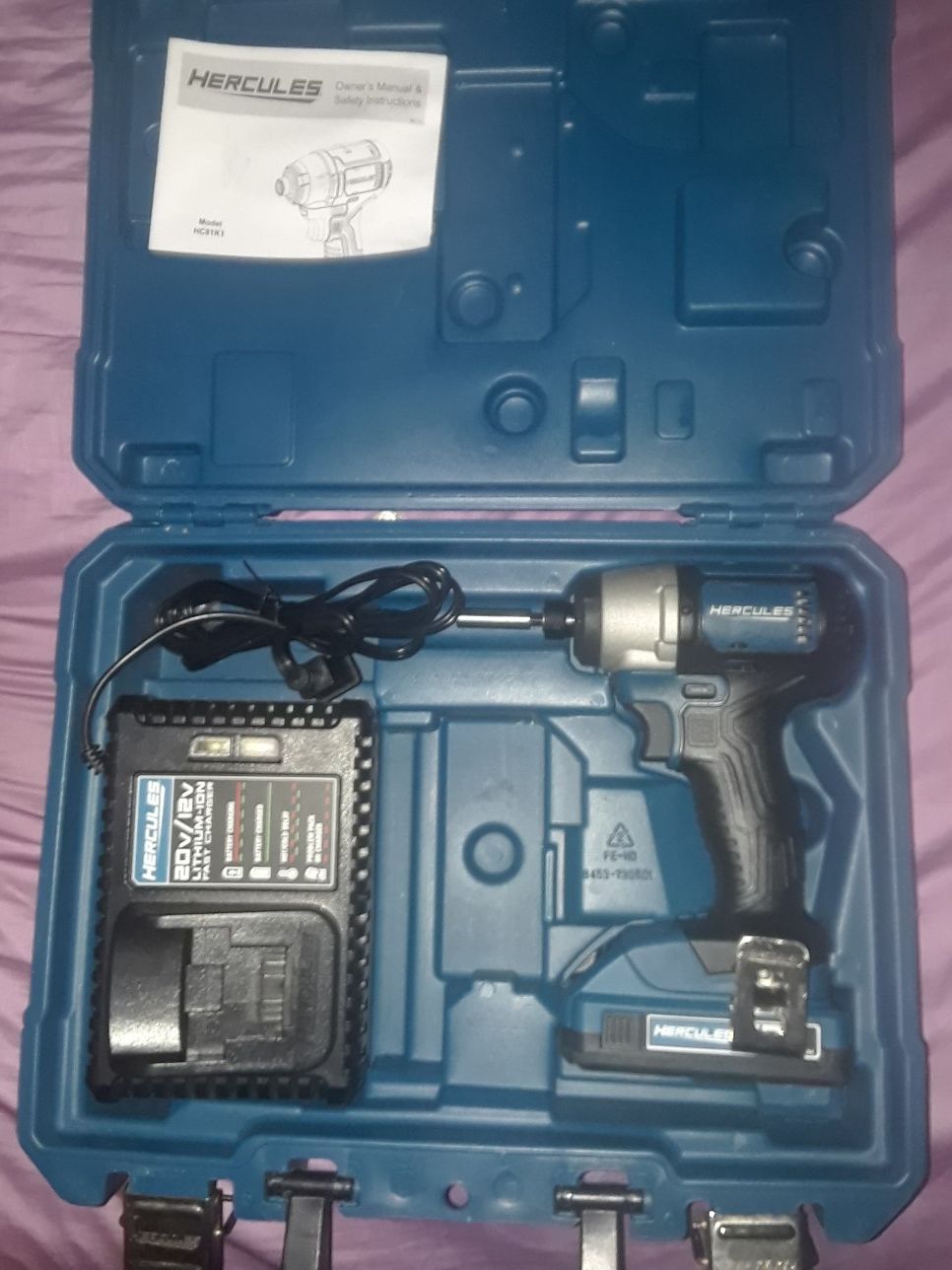 Hercules 20 volt 4 pole motor impact driver kit with battery charger and hard shell case