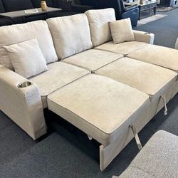 Beige Pull Out Sofa Bed With Cup Holder 