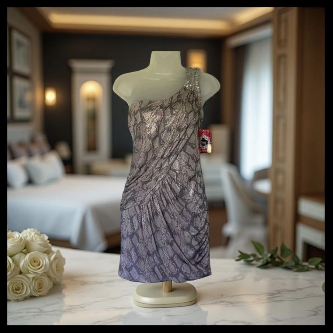 Metallic Snakeskin Print One Shoulder