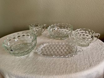 Vintage American Fostoria Cubist or Quilted Pattern Collection, Complete Cream and Sugar w/Tray Plus Two Bowls