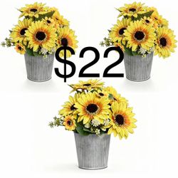 3-Pack Artificial Sunflower Arrangement in Galvanized Metal Pot, Faux Sunflower Bouquet with Daisies & Greenery, Farmhouse Table Centerpiece H