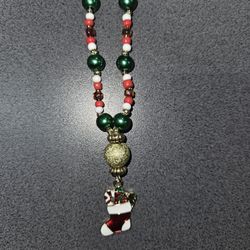 Merry Christmas Festive Beaded Necklace With Christmas Stockings Charm