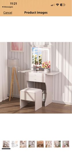Vanity Set for Small Bedrooms - Small Space Makeup Vanity with Foldable Side Tables, Compartmentalized Drawers & Stool, LED Mirror, White