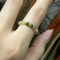 Gold multiple colors jade beads open ring