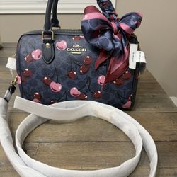 Coach Rowan Satchel Bag In Signature Canvas With Cherry Print with Silk Scarf 