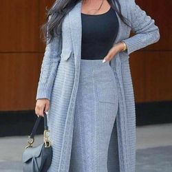Two Piece Sweater Skirt Set With Long Sleeve Open Chest Top.