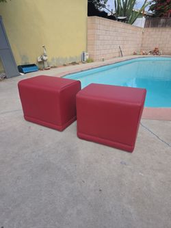 Set of 2 Red Leather Cube Portable Ottomans