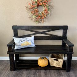 💜 Backrest bench farmhouse shabby chic rustic distressed farm style plank dining hallway entryway mud room porch custom