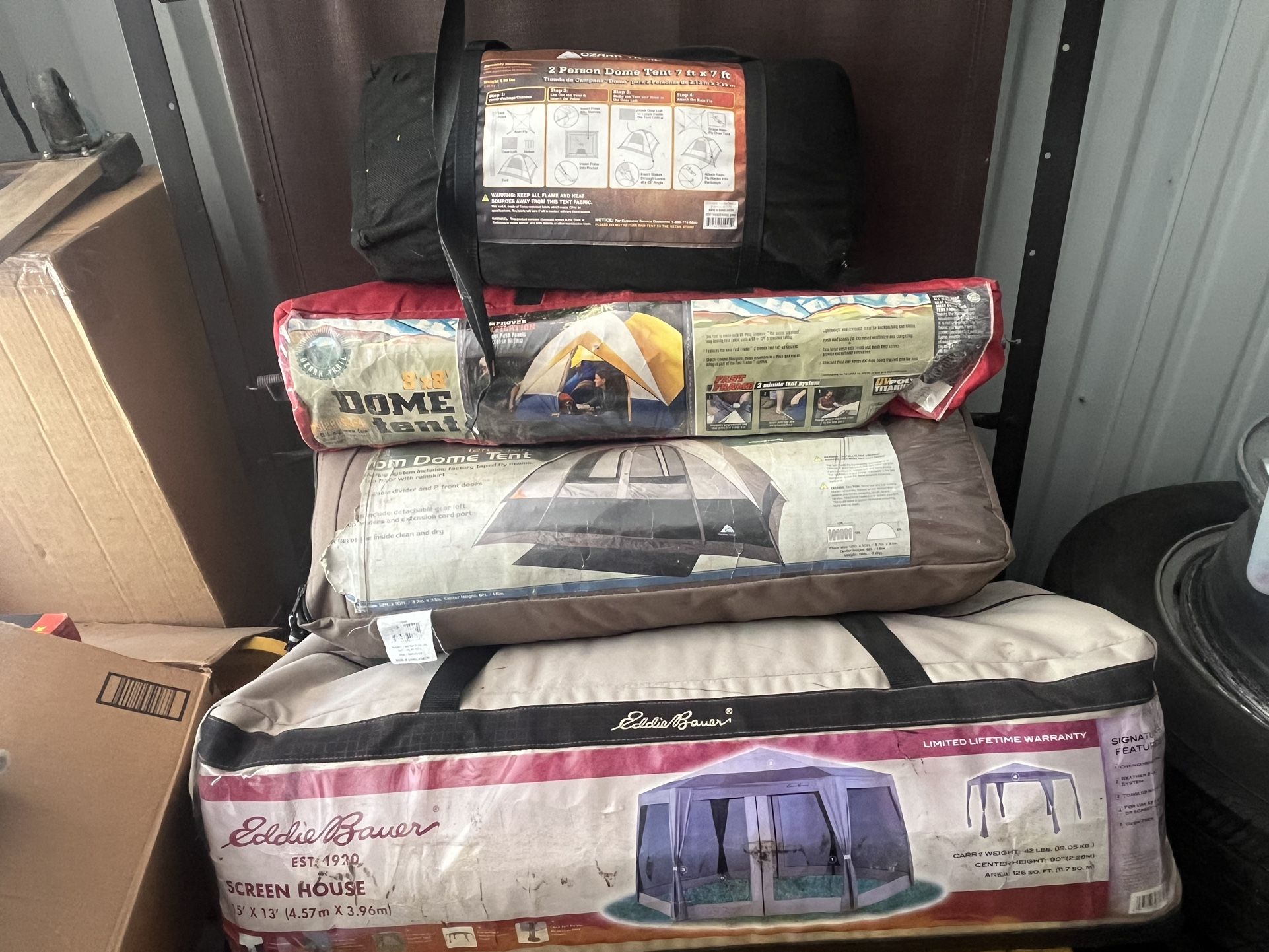 Camping gear tents, sleeping bags couple folding cots