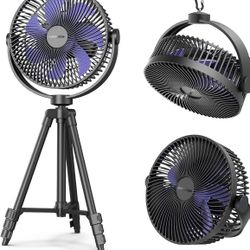 8" Portable Camping Fan, 10000mAh Rechargeable Tripod With Tent Hook, 4 Speeds, 360 Rotation Battery Operated for Outdoor Camping Tent Hurricane