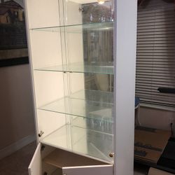 Lighted White Glass & Mirrored Bookcase with Doors