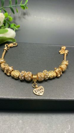 18K Gold Plated Crystal Rhinestone Star Love Heart Charm Bracelet, I love you