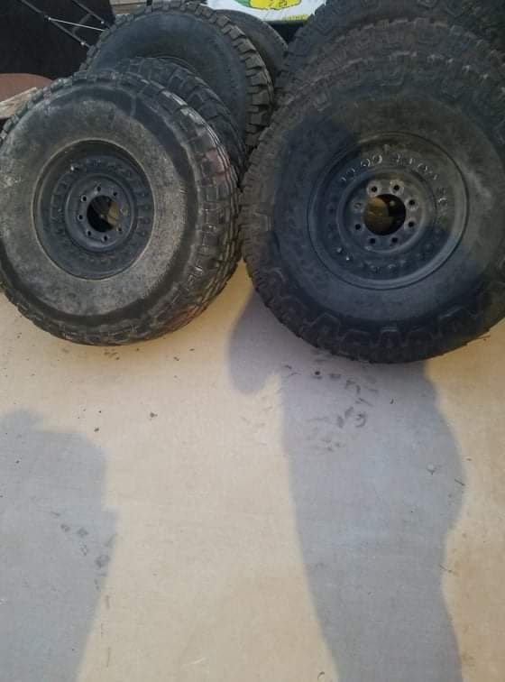 6 MILITARY HUMVEE TIRES 37" + 8 LUG 12 BOLT RIMS + RUN FLAT INSERTS - 100% TREAD